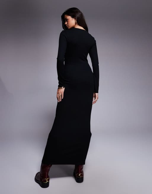 ASOS DESIGN ribbed asym neck with knot detail maxi dress in black, 3 of 4
