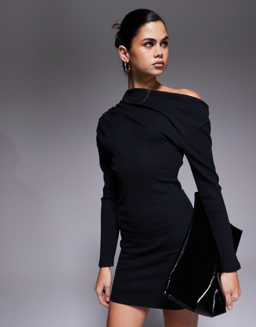 ASOS DESIGN ribbed asym neckline fitted mini dress in black