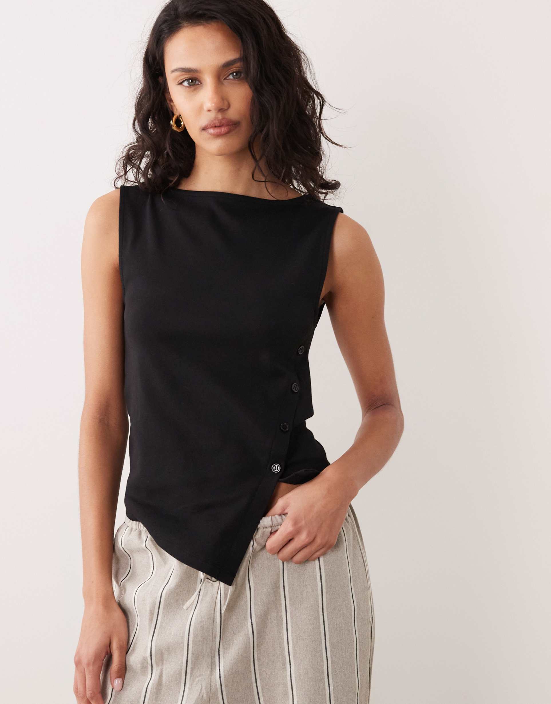 asos design ribbed asymmetric button detail top in black