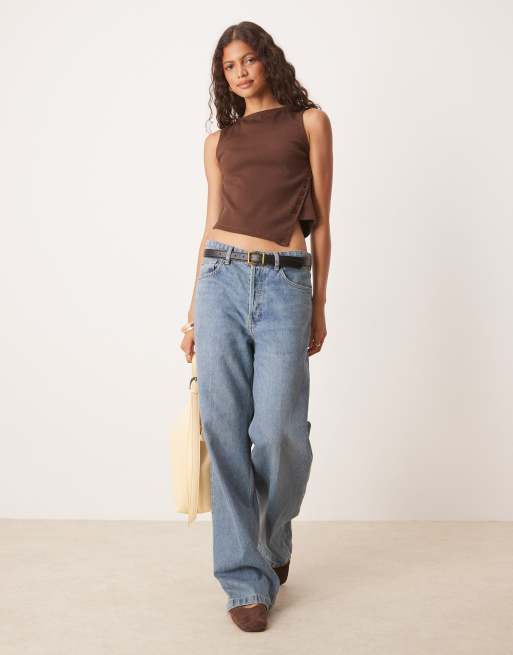 ASOS DESIGN ribbed asymmetric button up top in chocolate