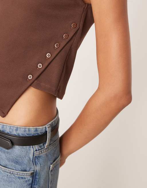 ASOS DESIGN ribbed asymmetric button up top in chocolate