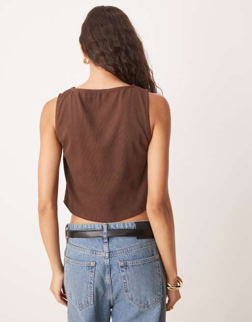 ASOS DESIGN ribbed asymmetric button up top in chocolate