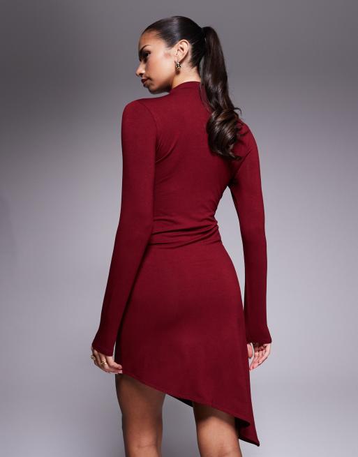 ASOS DESIGN ribbed asymmetric hem mini dress in wine, 2 of 4