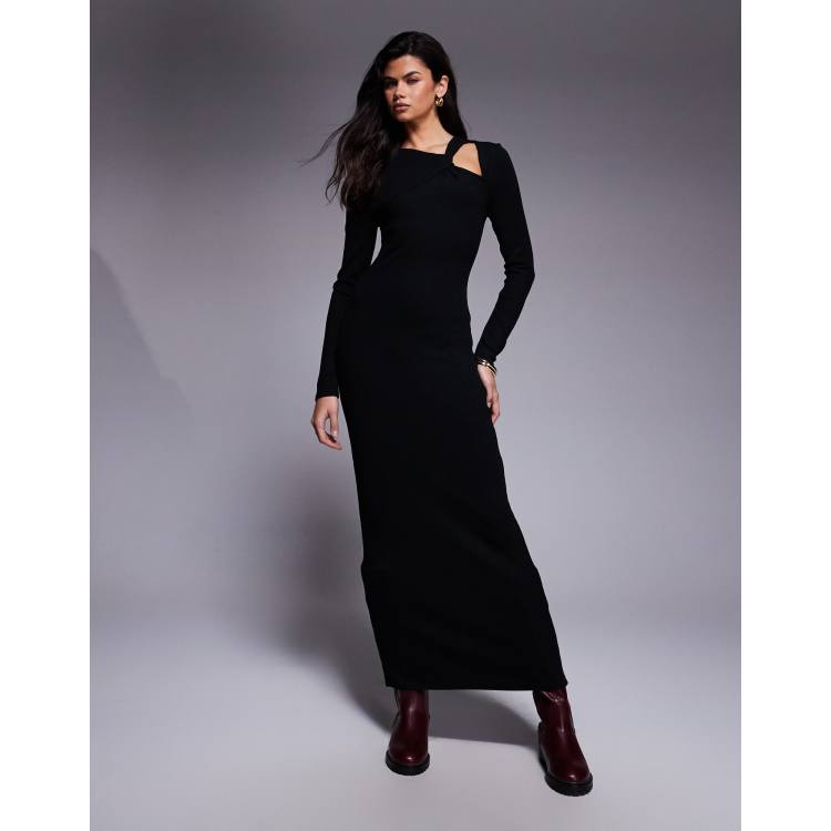 asos black asymmetric dress Weekday asymmetric shoulders long sleeve mini dress in black