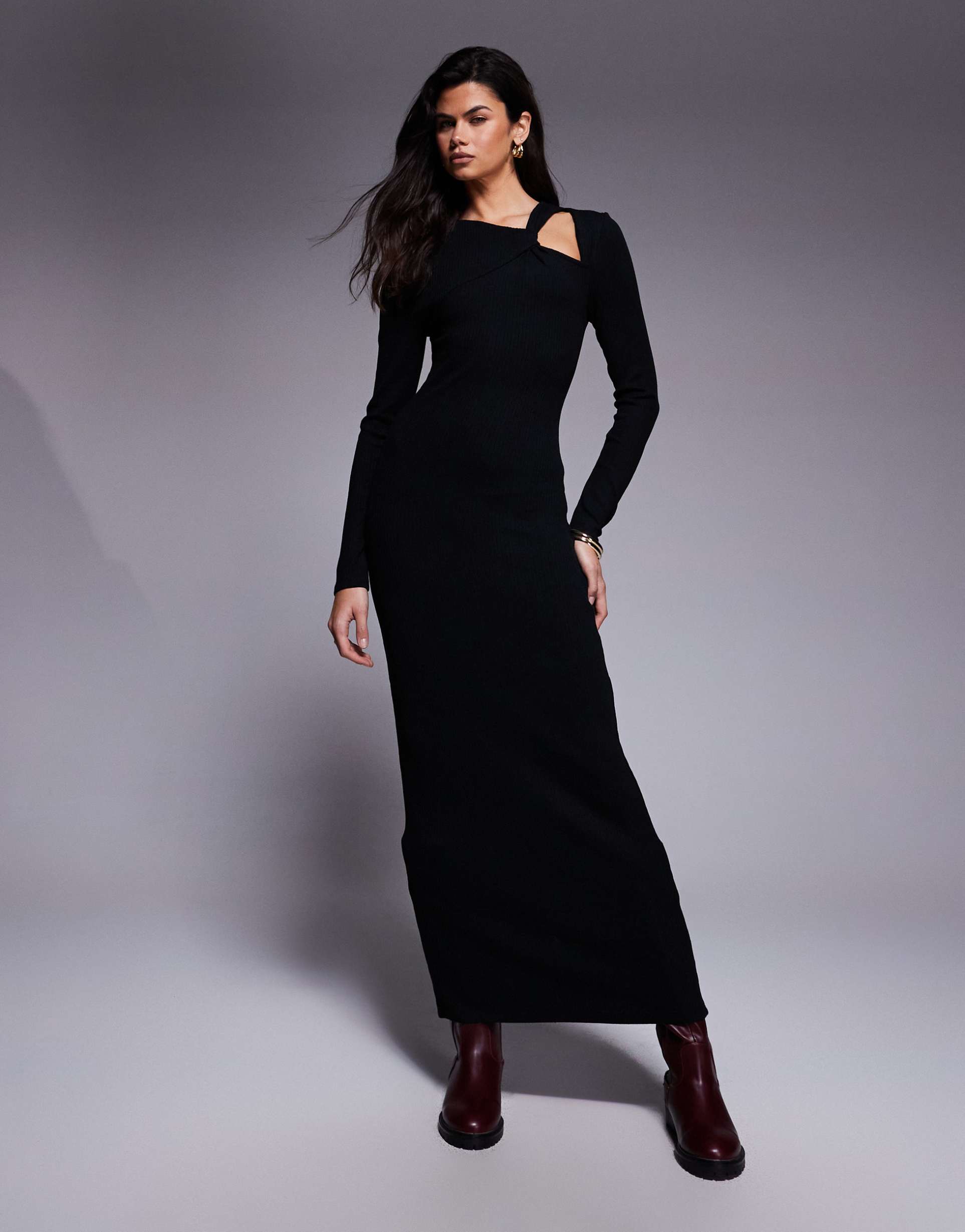 asos design ribbed asymmetric neck with knot detail maxi dress in black