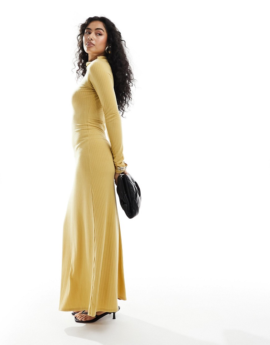 ASOS DESIGN ribbed asymmetric ruched neck maxi dress with long sleeve in yellow