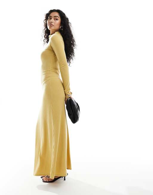ASOS DESIGN ribbed asymmetric ruched neck maxi dress with long sleeves in yellow