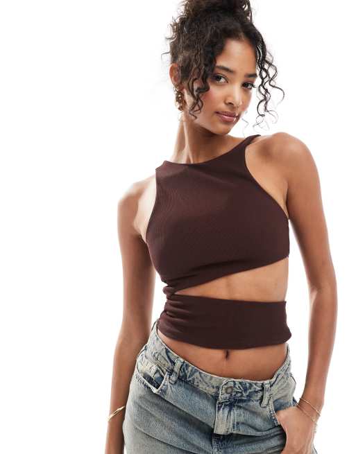 ASOS DESIGN ribbed asymmetric singlet with cut out in chocolate