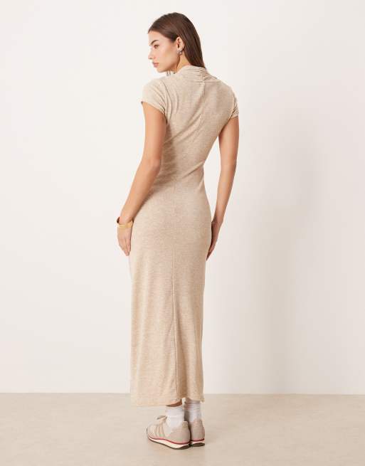 ASOS DESIGN ribbed asymmetric slash neck draped maxi dress in oat, 2 of 4