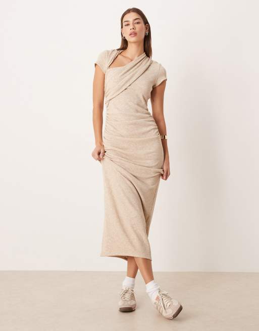 ASOS DESIGN ribbed asymmetric slash neck draped maxi dress in oat, 3 of 4