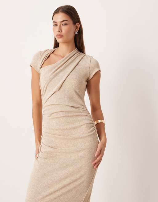 ASOS DESIGN ribbed asymmetric slash neck draped maxi dress in oat, 4 of 4