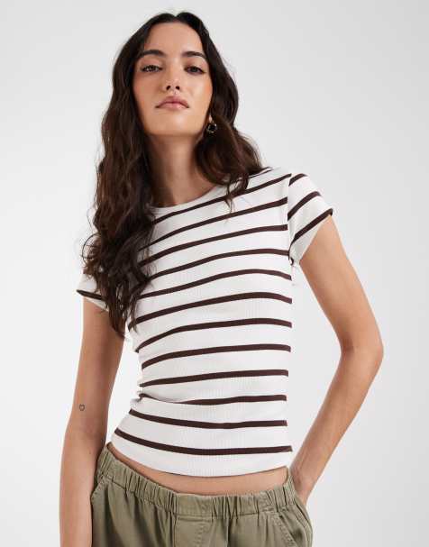 ASOS DESIGN ribbed baby tee in white and chocolate - view 1