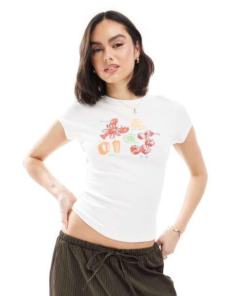 ASOS DESIGN ribbed baby tee with lobster graphic in white - view 1
