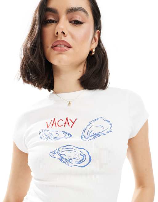 ASOS DESIGN ribbed baby tee with oyster graphic in white