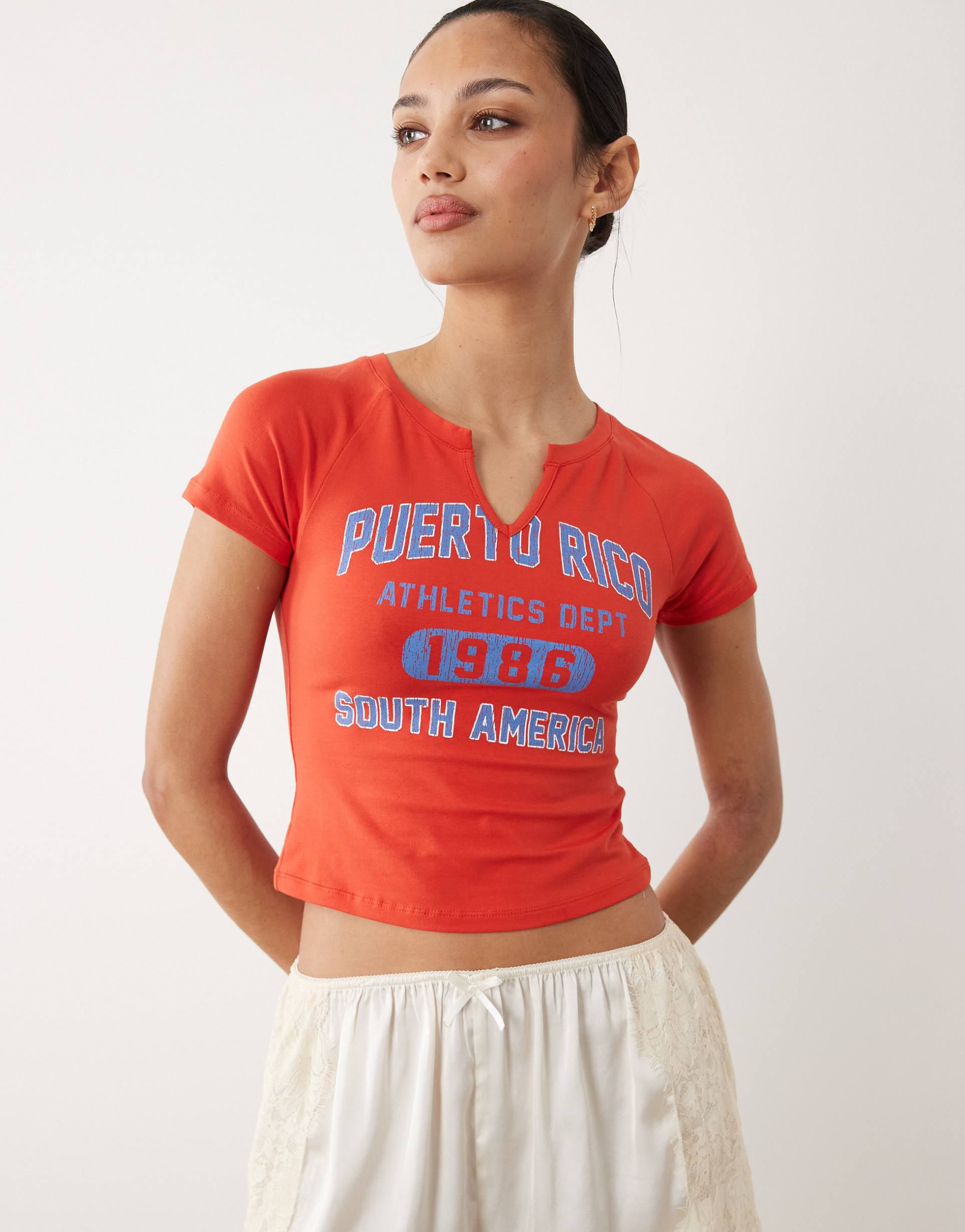 asos design ribbed baby tee with puerto rico athletics graphic in red