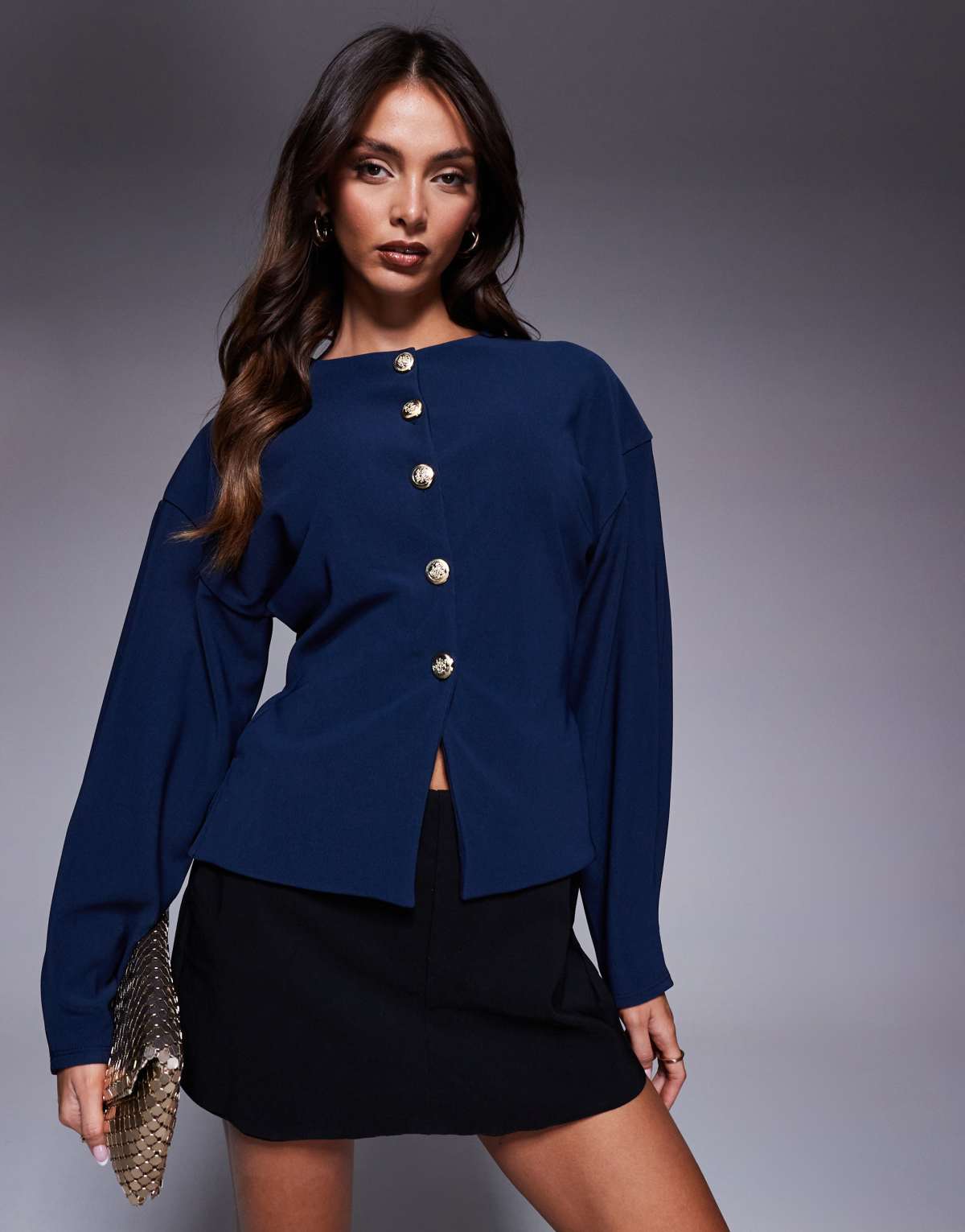 ASOS DESIGN ribbed balloon sleeve structured button through top in navy