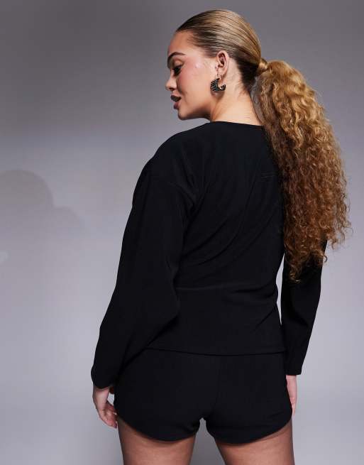 ASOS DESIGN ribbed balloon sleeve structured button up top in black - part of a set, 4 of 4