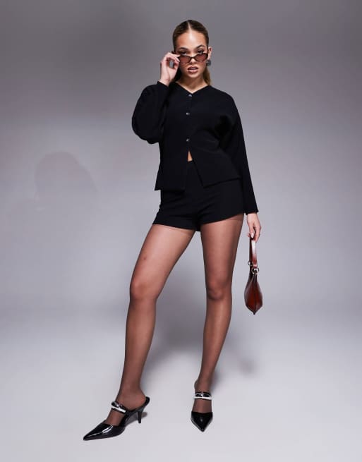 ASOS DESIGN ribbed balloon sleeve structured button up top in black - part of a set