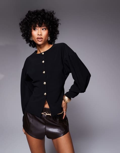 ASOS DESIGN ribbed balloon sleeve structured button up top in black - view 1