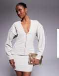 [ASOS DESIGN] ASOS DESIGN ribbed balloon sleeve structured top in stone (part of a set)-Neutral XS Stone