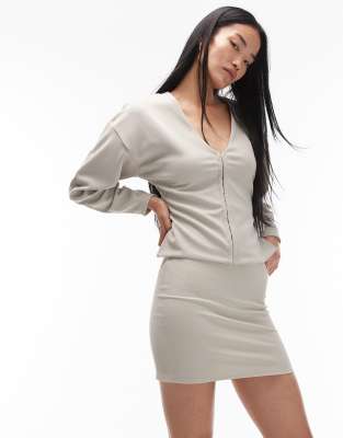 Asos Design Ribbed Balloon Sleeve Structured Top In Neutral