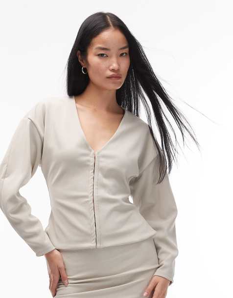 ASOS DESIGN ribbed balloon sleeve structured top in stone (part of a set) - view 1