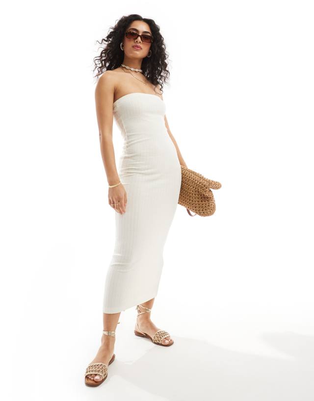 ASOS DESIGN - ribbed bandeau midi dress in boucle cream