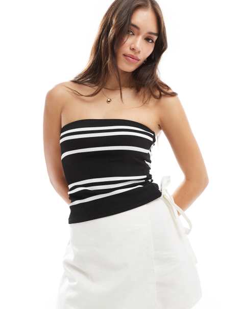 ASOS DESIGN ribbed bandeau top in mono stripe - view 1