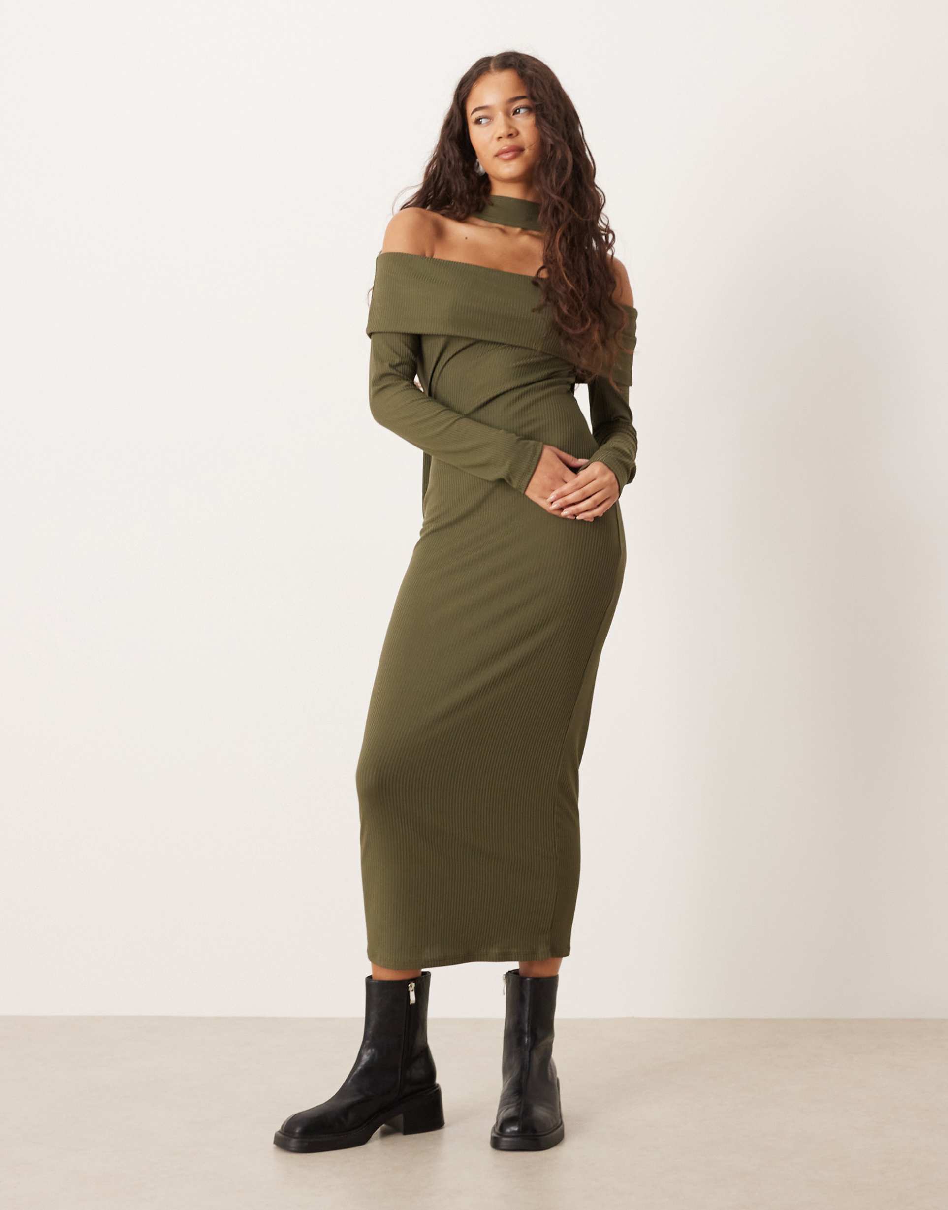 asos design ribbed bardot midi dress with scarf detail in khaki