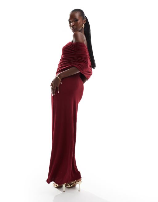 ASOS DESIGN ribbed bardot sleeveless maxi dress in burgundy, 4 of 4