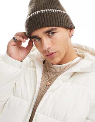 ribbed beanie with stitch detail in brown