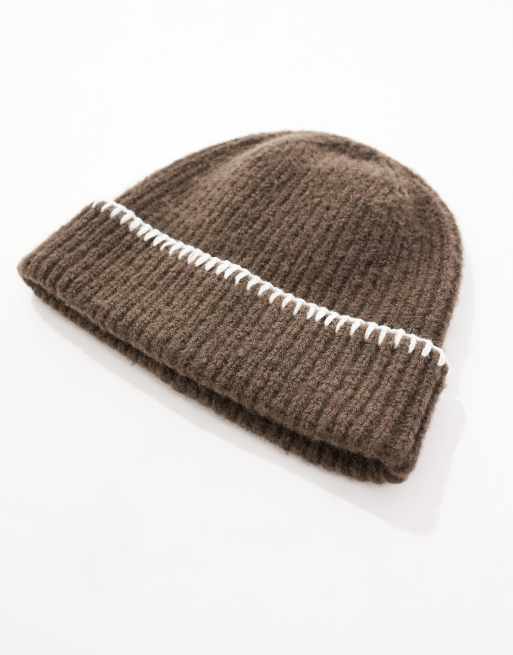 ASOS DESIGN ribbed beanie with stitch detail in brown | ASOS