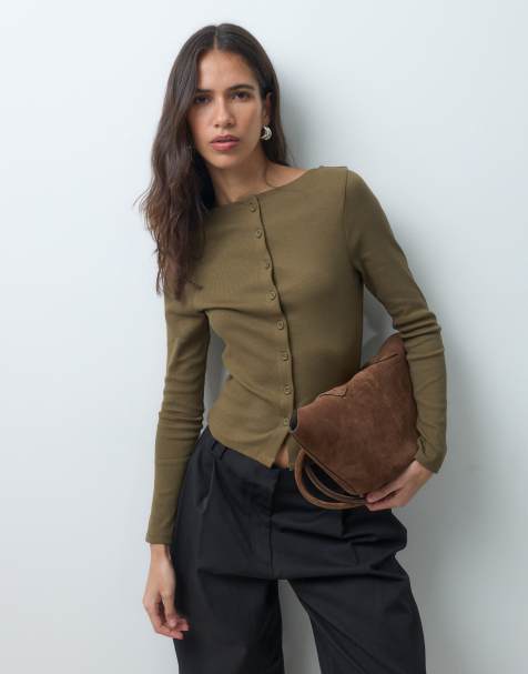 ASOS DESIGN ribbed boat neck long sleeve button down top in khaki - view 1