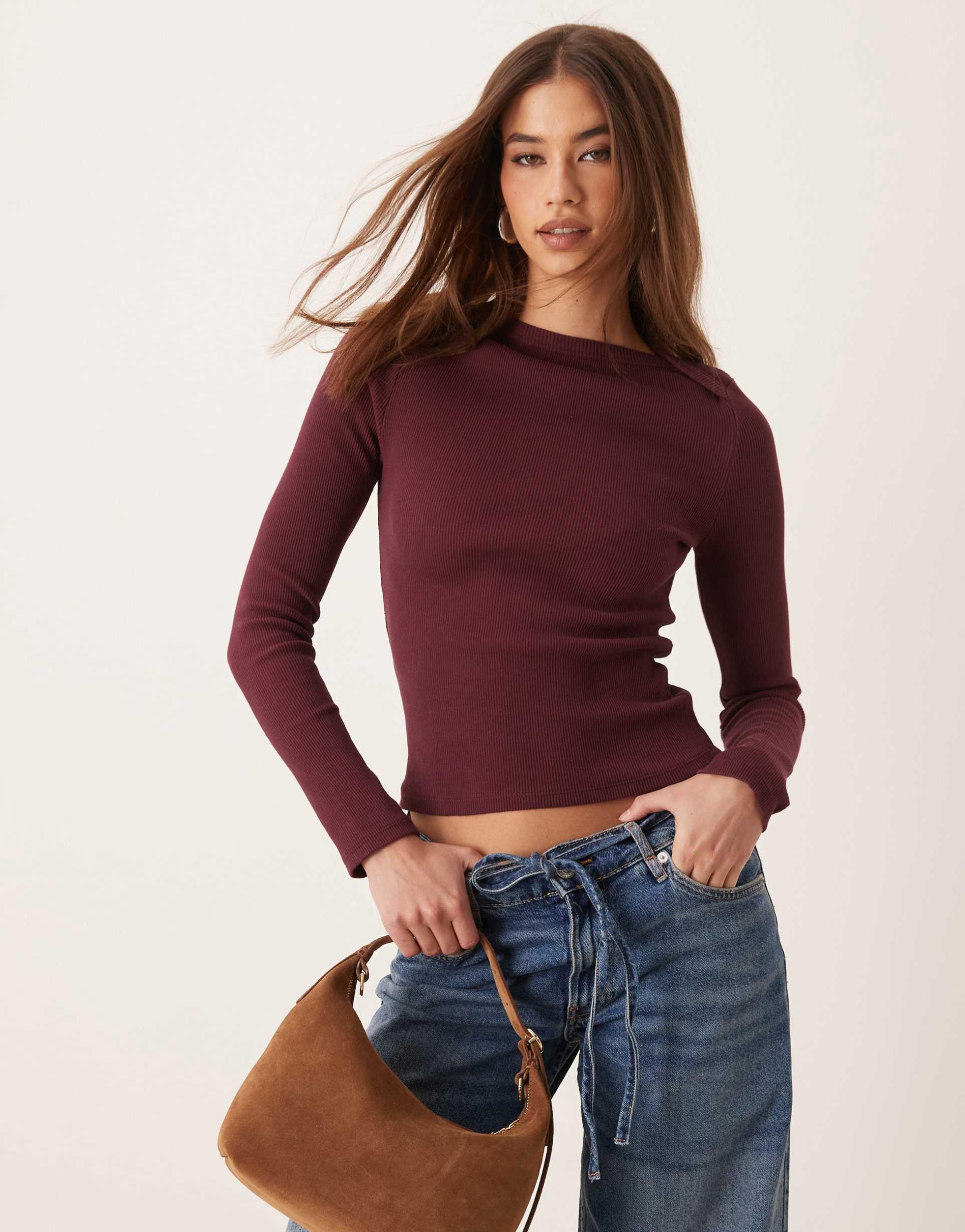 asos design ribbed boat neck sweater with wide binding detail in burgundy