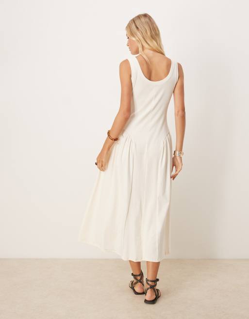 ASOS DESIGN ribbed bodice scoop midi dress with dipped waist detail in cream