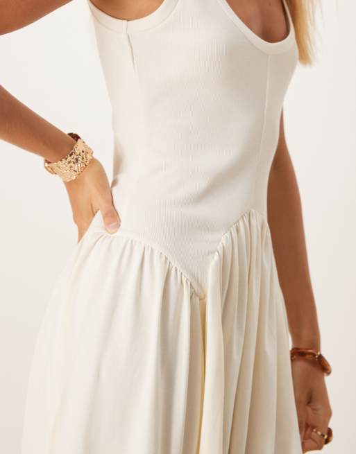 ASOS DESIGN ribbed bodice scoop midi dress with dipped waist detail in cream