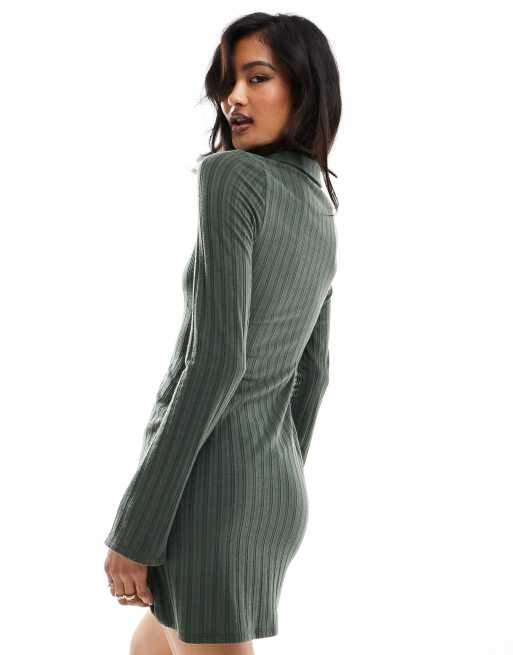 ASOS DESIGN ribbed bodycon collared mini dress with long sleeve in sea moss  green