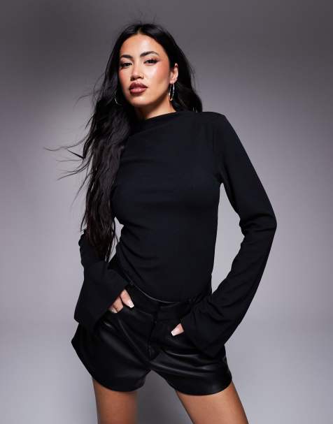ASOS DESIGN ribbed bodysuit with flared sleeves in black - view 1