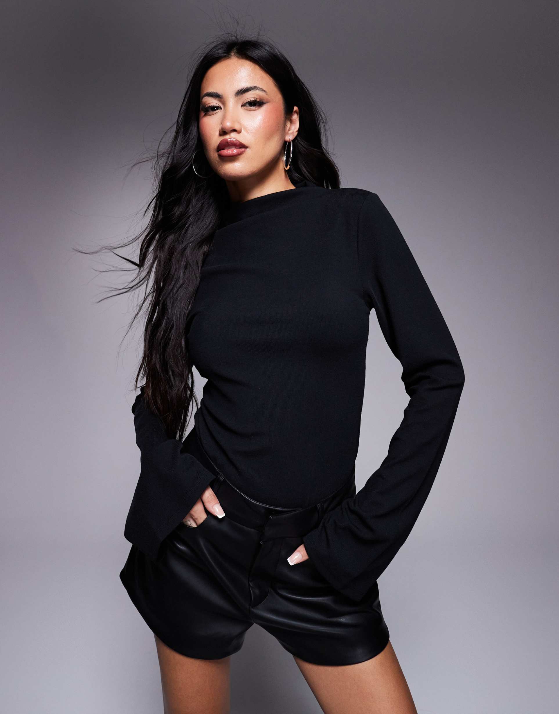 asos design ribbed bodysuit with flared sleeves in black