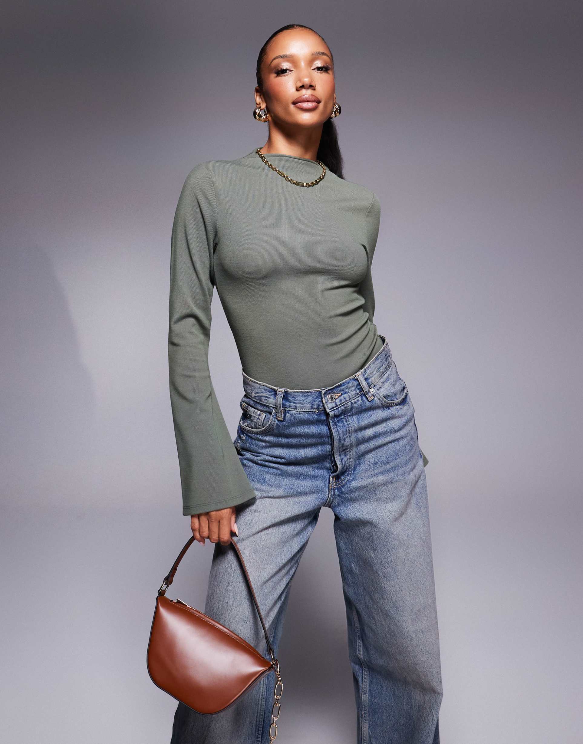 asos design ribbed bodysuit with flared sleeves in khaki