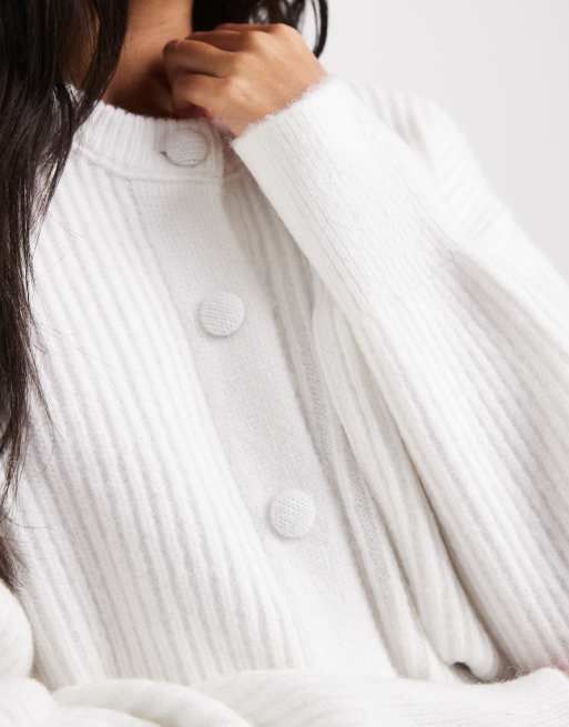 ASOS DESIGN ribbed boxy crew neck cardigan with side split detail in cream, 2 of 4