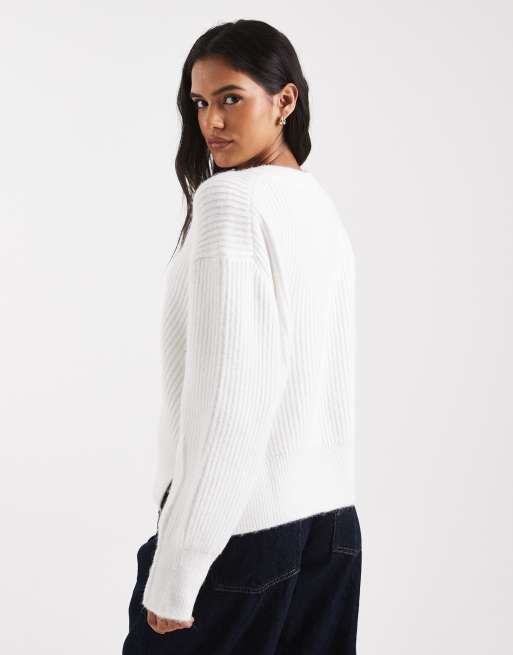 ASOS DESIGN ribbed boxy crew neck cardigan with side split detail in cream, 4 of 4