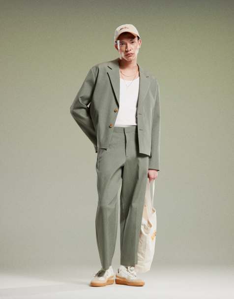 ASOS DESIGN ribbed boxy cropped suit in olive green - view 1