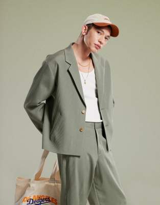 ASOS DESIGN ribbed boxy cropped suit jacket in olive green - view 1
