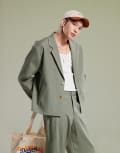 [ASOS DESIGN] ASOS DESIGN ribbed boxy cropped suit jacket in olive green Chest 46 Regular Olive