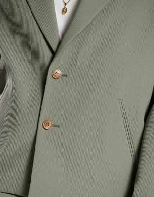 Asos Design Ribbed Boxy Cropped Suit Jacket In Green