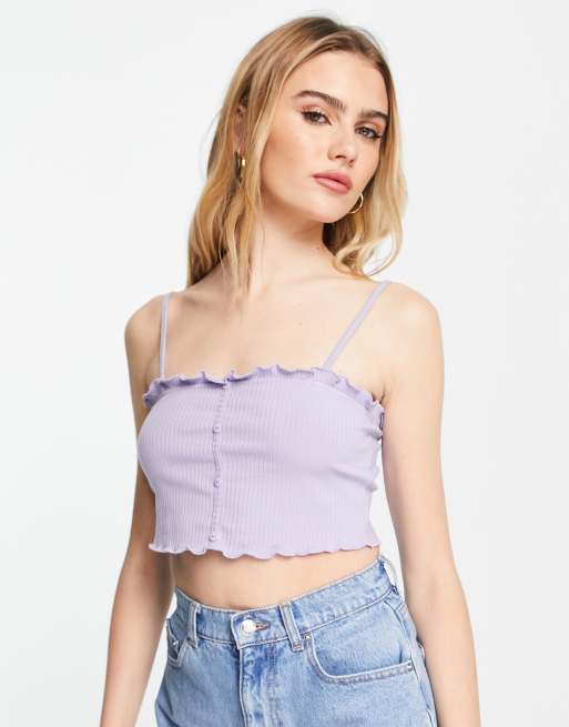 ASOS DESIGN ribbed bralet with lettuce edge and button up in lilac