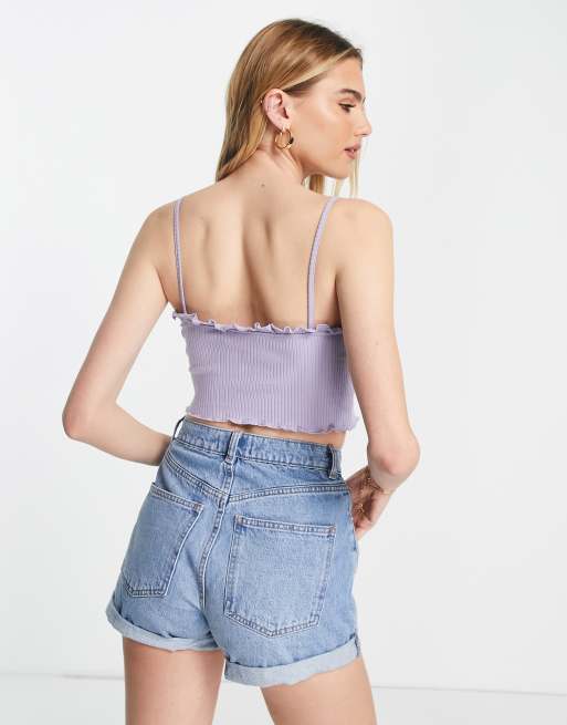 ASOS DESIGN ribbed bralet with lettuce edge and button up in lilac, 2 of 4