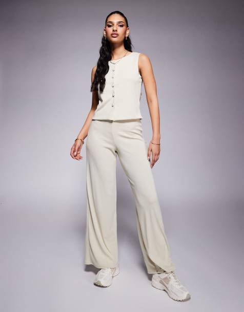 ASOS DESIGN ribbed button front vest and wide leg pants set in stone - view 1