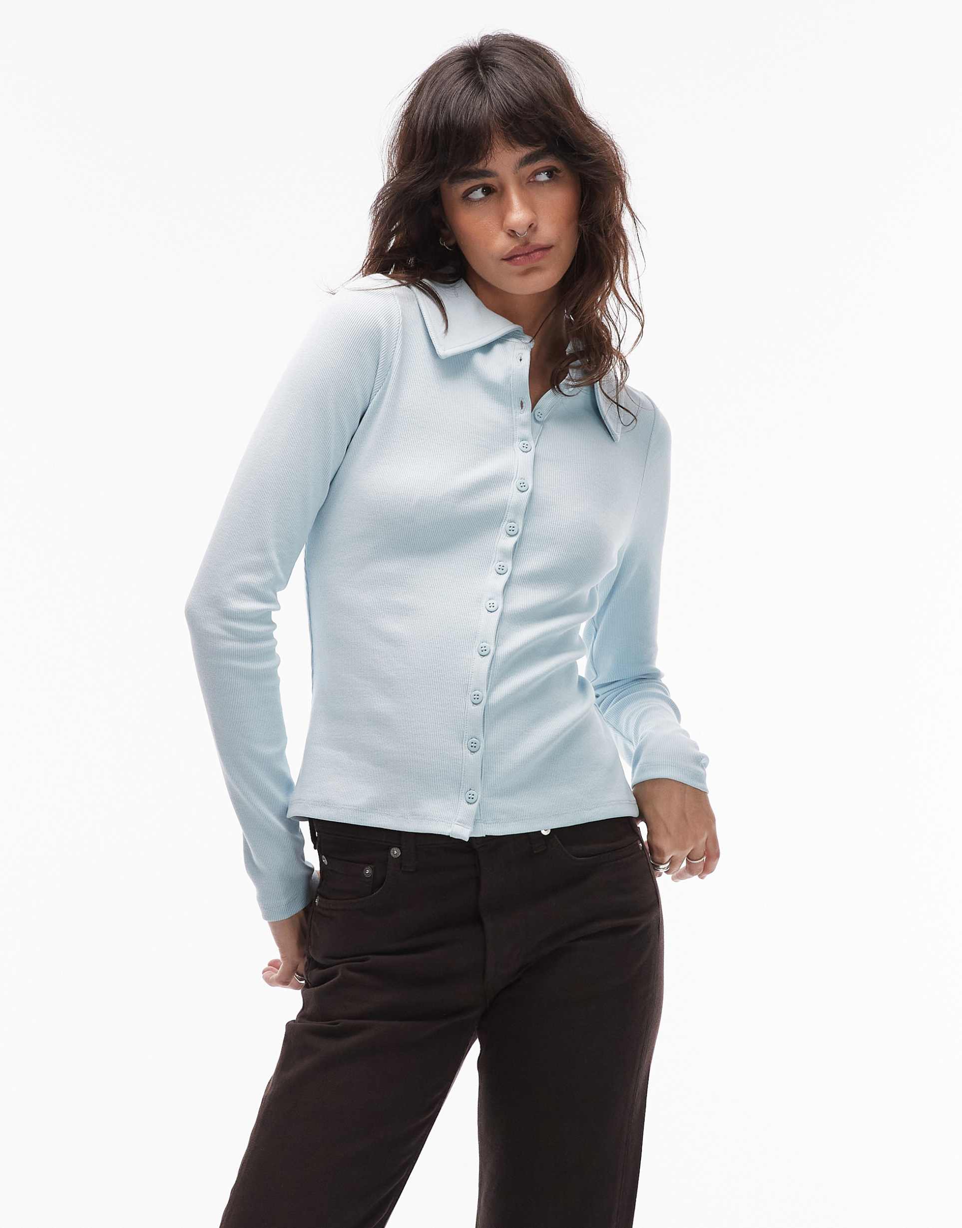 asos design ribbed button up polo top in blue